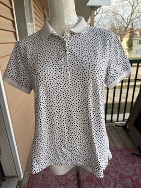 Lands' End White Polo Shirt with Black Polka Dots